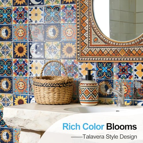 Art3d Talavera Design Peel and Stick Backsplash, 10-Pack, Sun & Moon Floral - color: Sun & Moon Floral