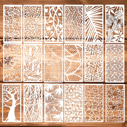 18Pcs Stencils for Crafts Painting, Reusable Cake Stencils Decorating Texture Stencil Background Stencil Leaf Floral Tree Templates for Painting on Wood Furniture Card Canvas Paper Scrapbook