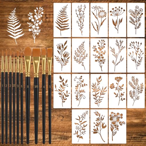 18 PCS Flower Stencils for Crafts Reusable mit 10 Paint Brushes