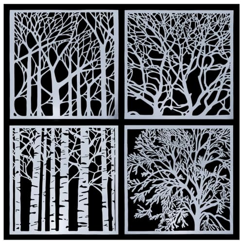 4PCS Textured Floral Openwork Printing Painting Templates PET Material Tree Patterns for Wooden Furniture Wall Painting Decoration Canvas Craft Templates