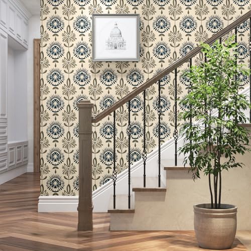 BOKEBEVE Boho Floral Peel and Stick Wallpaper Beige Blue 17.5 x 196In - color: Dark Beige/Blue/Green, size: 17.5" x 196.5"