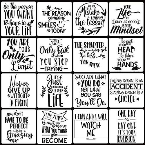 16 Pcs Inspirational Word Stencils, Quote & Phrase Sayings Templates, Craft Stencils for Painting on Wood, Wall, Canvas, Fabrics, Paper & Home Signs - Reusable 7.87 x 7.87 Inches