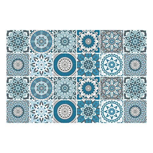 Easy Peel Stick Vinyl Moroccan Tile Decals 4x4in Stick on backsplash,24Pc - color: Cyan Mandala 3.93x3.93