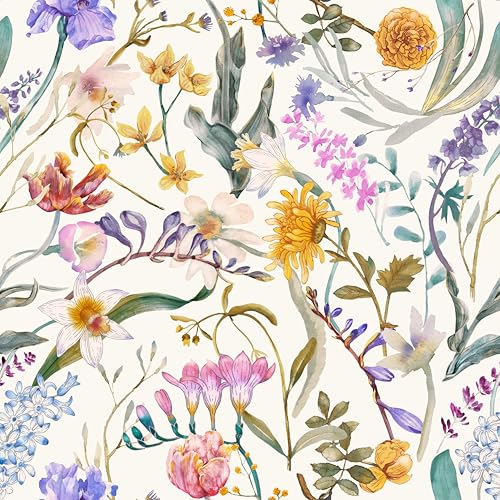 Peel and Stick Wallpaper, Watercolor Colorful Wildflower Botanical Pattern, 118in x 17.7in, Waterproof Vinyl, Removable Reusable, Eco-Friendly, for Bedroom Living Room Rental Apartment - color: Watercolor07, size: 17.7" x 118.1"