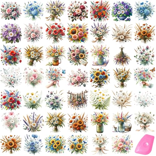 48 Sheets Rub on Transfers for Crafts and Furniture Rub on Transfer Stickers Decals for Wood,2.5 * 2.5inch (Bouquet of Blooms) - style: Bouquet of Blooms