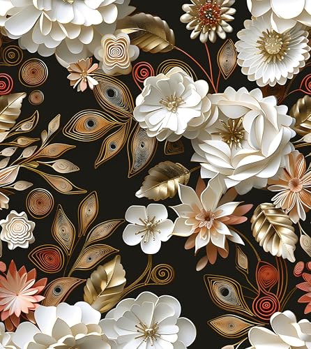 Laatse Dark Gold Floral Wallpaper Peel and Stick 17.5" × 118" - color: White/Gold, size: 17.5" x 118"
