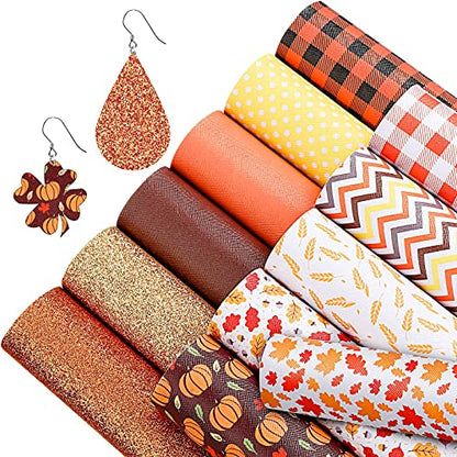 Frienda 12 Pcs Thanksgiving Fall Faux Leather Sheets Fall Leaves Pumpkin