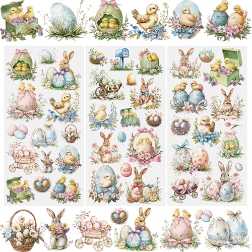 WANDIC 3 Sheets Transfers Stickers for Furniture,Rub on Transfers Decals Easter Animals Rabbit Egg Flowers DIY Decor Stickers for Scrapbook Home Window,15x30cm - color: Retro Oil Painting Rabbit