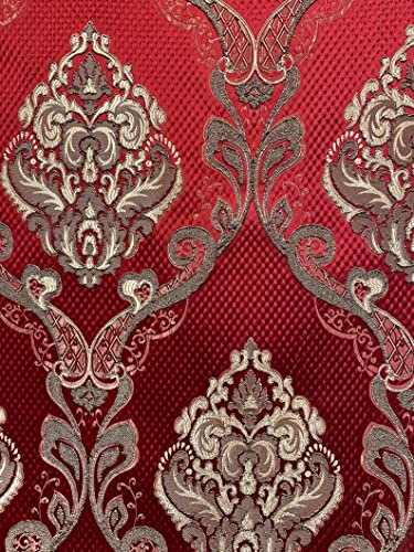 54" Renaissance Jacquard Drapery Upholstery Damask Stripe Diamond Fabric | Sold by The Yard (Damask RED) - color: Damask Red