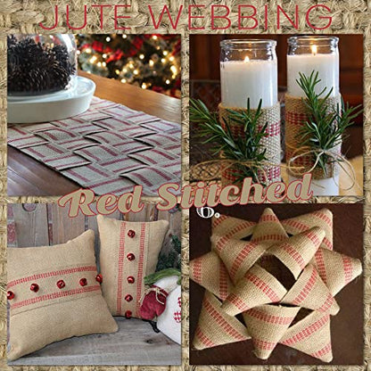 MEEDEE Red Jute 3.5 Inch Webbing Burlap with Red Stitching Upholstery Ribbon Chair Furniture Webbing Heavy Duty Jute Ribbon for Christmas Garland, Wreath, Banner (10 Yards) - color: Red, size: 3.5"