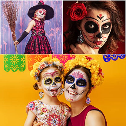 AnyDesign 12Pcs Day of The Dead Halloween Faux Leather Sheets Sugar Skull Skeleton Floral Printed Leather Fabric Sheets Glitter Synthetic Leather for Halloween DIY Craft Earring Hair Bow, 8 x 12