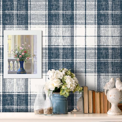 Livelynine Blue Plaid Wallpaper Peel and Stick Prepasted Vintage Dark Blue White Gingham Wall Paper Removable Self Adhesive Navy Checkered Contact Paper Waterproof Buffalo Plaid Vinyl Wrap 17.5x78.8" - size: 17.5x78.8 Inch