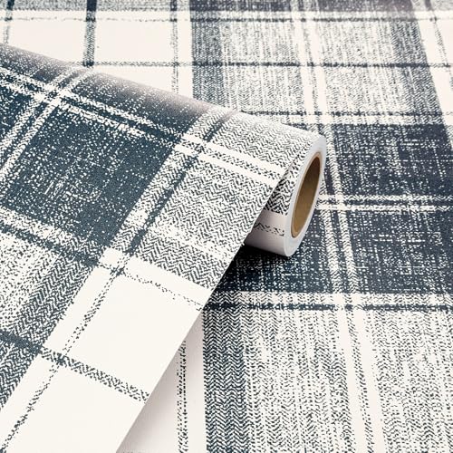 Livelynine Blue Plaid Wallpaper Peel and Stick Prepasted Vintage Dark Blue White Gingham Wall Paper Removable Self Adhesive Navy Checkered Contact Paper Waterproof Buffalo Plaid Vinyl Wrap 17.5x78.8" - size: 17.5x78.8 Inch