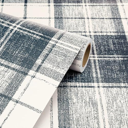 Livelynine Blue Plaid Wallpaper Peel and Stick Prepasted Vintage Dark Blue White Gingham Wall Paper Removable Self Adhesive Navy Checkered Contact Paper Waterproof Buffalo Plaid Vinyl Wrap 17.5x78.8" - size: 17.5x78.8 Inch