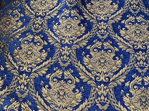 Damask Tapestry Chenille Fabric - Upholstery Fabric, 60" Width - Sold by The Yard (Dark Blue/Gold) - color: Dark Blue/Gold