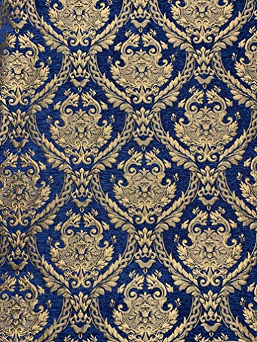 Damask Tapestry Chenille Fabric - Upholstery Fabric, 60" Width - Sold by The Yard (Dark Blue/Gold) - color: Dark Blue/Gold