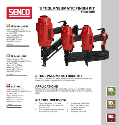 SENCO Pneumatic 4 Piece Finish Kit Includes 3 Air Powered Tools for Finish & Trim Projects: 15 GA finish nailer, 18 GA brad nailer, 18 GA stapler, and storage bag (10S0001N)
