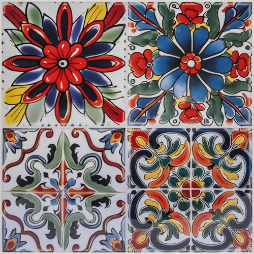 6 Sheets 9x9 Inch Peel and Stick Tile Backsplash Stickers, Talavera Mexican Spanish Mediterranean Vinyl Wall Tiles, Waterproof Self-Adhesive Removable DIY Decals for Kitchen Bathroom - color: Red