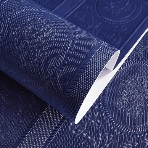 JiffDiff Navy Blue 3D Embossed Textured Peel Stick Wallpaper 17.3"x120" - color: Navy Blue, size: 17.3" x 120"