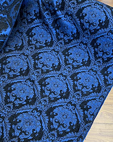 Damask Tapestry Chenille Fabric - Upholstery Fabric, 60" Width - Sold By The Yard (Black/Blue) - color: Black/Blue