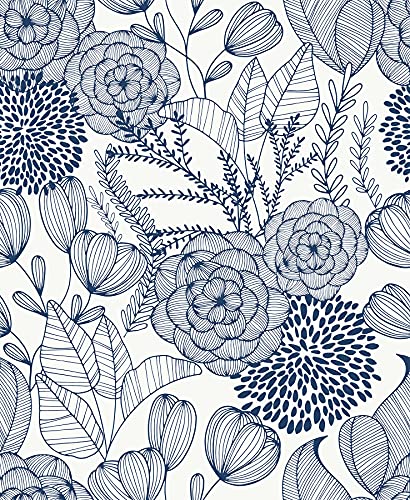 NuWallpaper by WallPops NUS3830 Navy Secret Garden Peel & Stick Wallpaper, Blue - color: Blue