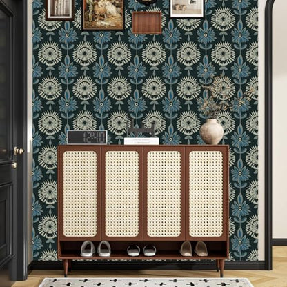 BOKEBEVE Boho Floral Peel and Stick Wallpaper Dark Green 17.5 x 393.5In - color: Dark Green, size: 17.5" x 393.5"
