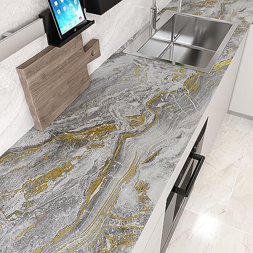 VEELIKE 32''x354'' Wide Matte Grey Gold Liquid Marble Countertop Contact Paper Waterproof Kitchen Countertop Peel and Stick Marble Wallpaper Peel and Stick Countertop Vinyl for Bathroom Table Walls - size: 32" x 354"