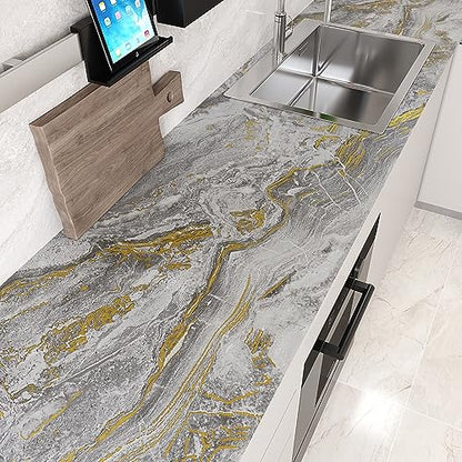 VEELIKE 32''x354'' Wide Matte Grey Gold Liquid Marble Countertop Contact Paper Waterproof Kitchen Countertop Peel and Stick Marble Wallpaper Peel and Stick Countertop Vinyl for Bathroom Table Walls - size: 32" x 354"