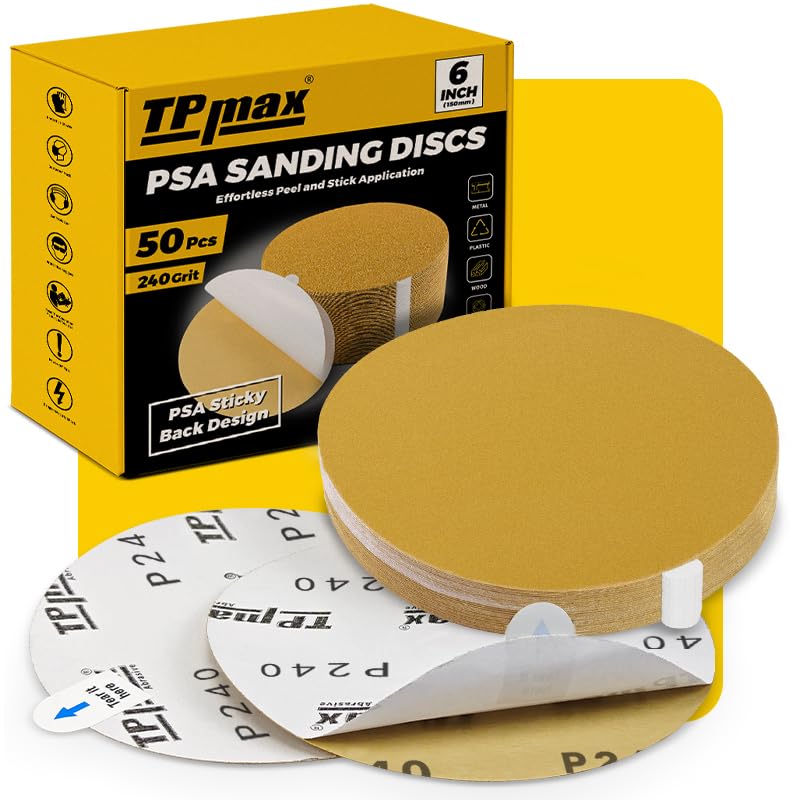 TPmax 6-Inch 240-Grit Gold PSA Sanding Discs, 50 Pack – Pro-Grade Self-Adhesive Stickyback Sandpaper with Quick-Release Tabs for DA Sander, Very Fine Automotive/Wood/Metal Sanding - style: 240 Grit