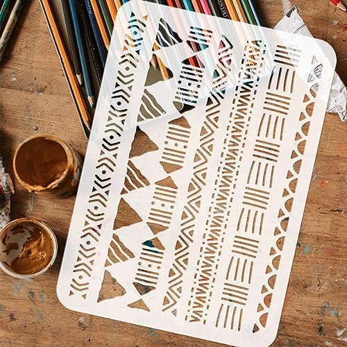 FINGERINSPIRE Mudcloth Elements Pattern Stencil 8.3x11.7inch Tribal Borders Drawing Template African Boho Floral Frame Stencils for Painting on Wood Wall Fabric Paper Furniture
