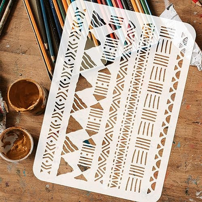 FINGERINSPIRE Mudcloth Elements Pattern Stencil 8.3x11.7inch Tribal Borders Drawing Template African Boho Floral Frame Stencils for Painting on Wood Wall Fabric Paper Furniture