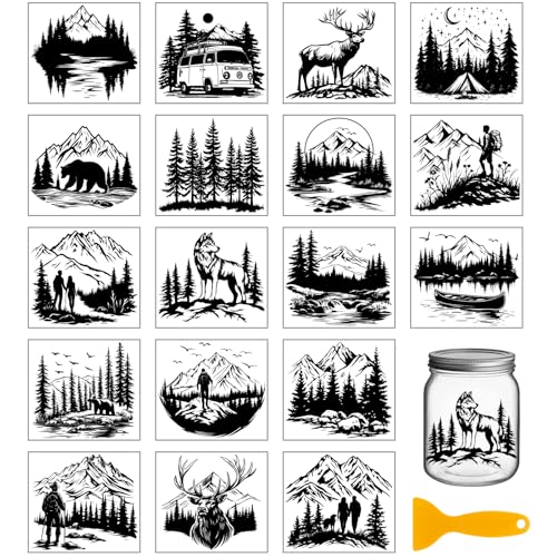GLOBLELAND 18 Sheets Forest Mountains Silhouette Transfer Stickers 3.9x3.6inch Forest Camping Transfer Decal Rub on Transfer for Cup Decal Vase Glass Art Crafts Decorations - style: Forest Mountain