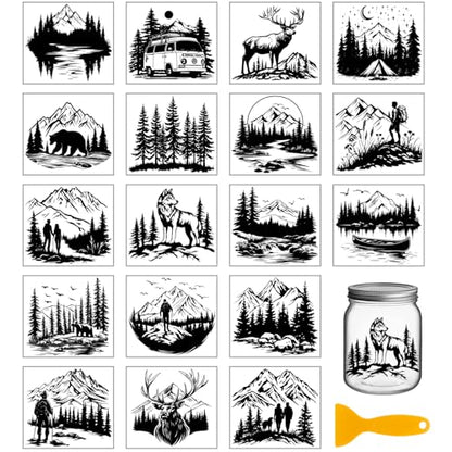 GLOBLELAND 18 Sheets Forest Mountains Silhouette Transfer Stickers 3.9x3.6inch Forest Camping Transfer Decal Rub on Transfer for Cup Decal Vase Glass Art Crafts Decorations - style: Forest Mountain