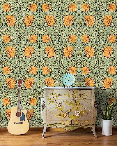 HAOKHOME William Morris Style Peel and Stick Wallpaper Art Deco Wall Paper - color: Green/Yellow/Black, size: S: 17.3in x 9.8ft