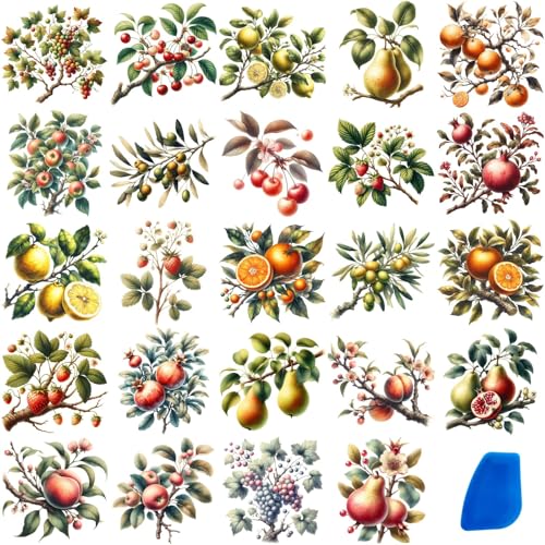 ZMRU 24 Sheets of Watercolor Style Rub on Transfers for Crafts - Perfect for Glass, Porcelain, Leather, Canvas, and Fabric Projects - IOD Transfers Included,3 * 3inch (Vintage Fruits) - style: Vintage Fruits