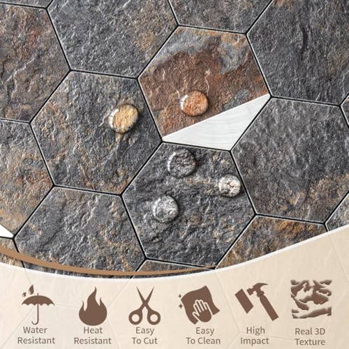 DICOFUN 1-Sheet 12"x12" Rust Slate Hexagon Tile Peel and Stick Backsplash, PVC Mixed Silver Metal Mosaic Tiles for Kitchen and Bathroom - color: Rust Slate + Silver Metal Chip, size: 1 Sheet, 12''x12''x0.12''