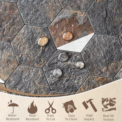 DICOFUN 1-Sheet 12"x12" Rust Slate Hexagon Tile Peel and Stick Backsplash, PVC Mixed Silver Metal Mosaic Tiles for Kitchen and Bathroom - color: Rust Slate + Silver Metal Chip, size: 1 Sheet, 12''x12''x0.12''