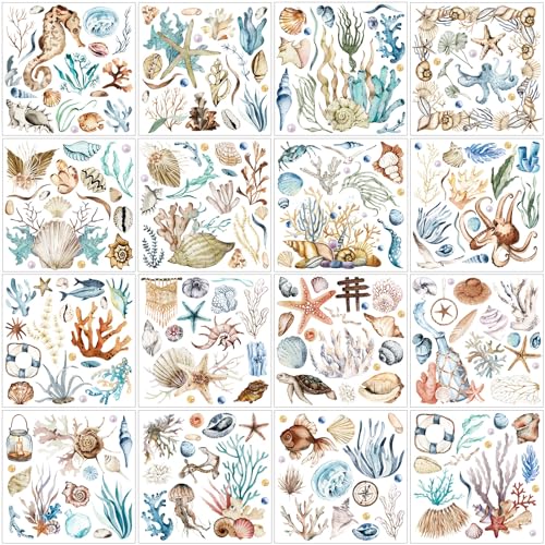 Dispowreath 16 Sheets Ocean Boho Rub on Transfers Stickers Mixed Sea Life Rub on Transfers for Crafts Fish Starfish Decor Furniture Decals for DIY Home Office Scrapbooking Paper Wood, 5.9 x 5.9 Inch - style: Sea