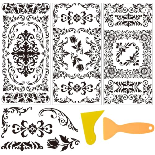 3 Sheets Black Damask Corner Rub on Transfers for Crafts, 12×6in