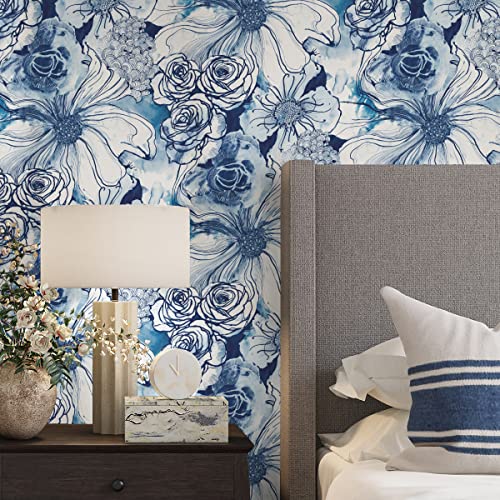 NextWall Harry & Grace Ink Rose Abstract Floral Peel and Stick Wallpaper (Celtic Blue) - color: Celtic Blue
