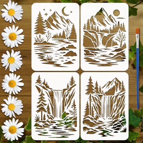 FINGERINSPIRE 4PCS Mountains Waterfalls Stencils with 1Pc Brush 8.3x11.7inch Mountain Landscape Stencils Waterfalls Nature Scenery Painting Template for Painting on Wood Wall Fabric Furniture - style: Mountains Waterfalls