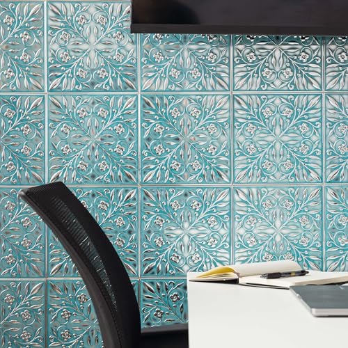 Peel and Stick Metal Tiles, Teal & Silver Leaves, 10-Pack - style: Teal and Silver Leaves