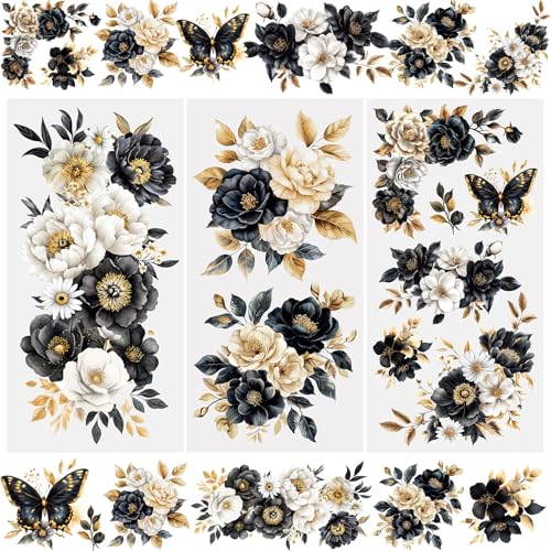 WANDIC 3 Sheets Rub On Transfer Stickers, Black Gold Floral Theme Waterproof Decals Furniture Craft Decorative Junk Journals for DIY Scrapbooking, 15 * 30cm - color: Black Gold Floral Series