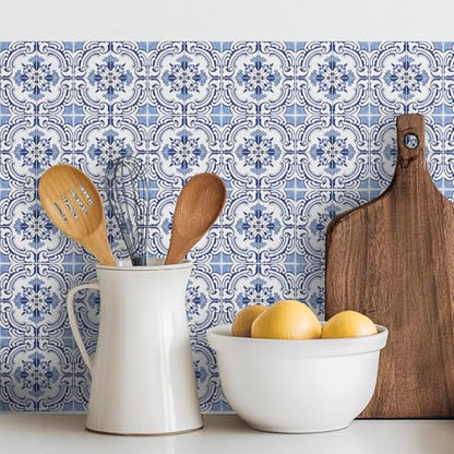 30 Pack, 4x4 Inch Classic Portuguese Azulejo Tile Decals, Blue and White Peel and Stick Vinyl for Backsplash, Stairs & Furniture (Blue) - color: Blue