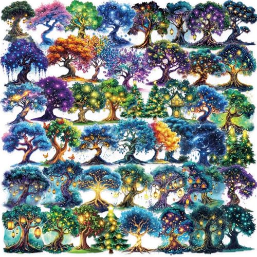 50pcs Fantasy Magic Tree Stickers Pack – Clear Waterproof Scrapbook Decals for Journaling, Diary, Collage, Laptop, Water Bottle, Planner, Aesthetic Nature Forest Tree of Life Sticker - color: Magic Tree