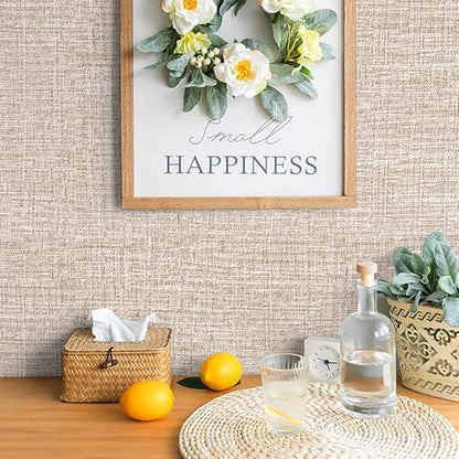 Khaki Grasscloth Peel and Stick Wallpaper 17.3"x1200" Faux Linen Textured Contact Paper Removable Self Adhesive Vinyl Wallpaper for Bedroom Bathroom Kitchen Cabinets - color: Khaki, size: 17.3" x 1200"