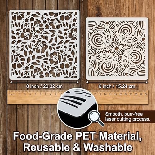 Retro Floral Pattern Painting Stencils Set - 8Inch/6Inch Reusable Flower Vine Swirl Stencil Templates for DIY Crafts, Wall Art, Furniture & Fabric Decor, Smooth PET Template for Acrylic & Spray Paint