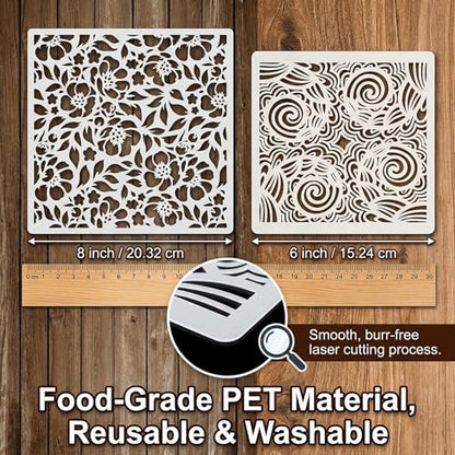 Retro Floral Pattern Painting Stencils Set - 8Inch/6Inch Reusable Flower Vine Swirl Stencil Templates for DIY Crafts, Wall Art, Furniture & Fabric Decor, Smooth PET Template for Acrylic & Spray Paint