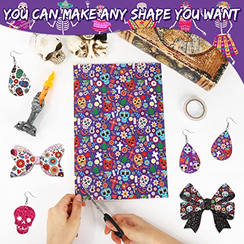 AnyDesign 12Pcs Day of The Dead Halloween Faux Leather Sheets Sugar Skull Skeleton Floral Printed Leather Fabric Sheets Glitter Synthetic Leather for Halloween DIY Craft Earring Hair Bow, 8 x 12