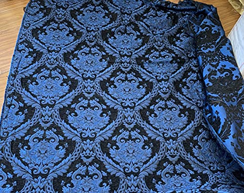 Damask Tapestry Chenille Fabric - Upholstery Fabric, 60" Width - Sold By The Yard (Black/Blue) - color: Black/Blue